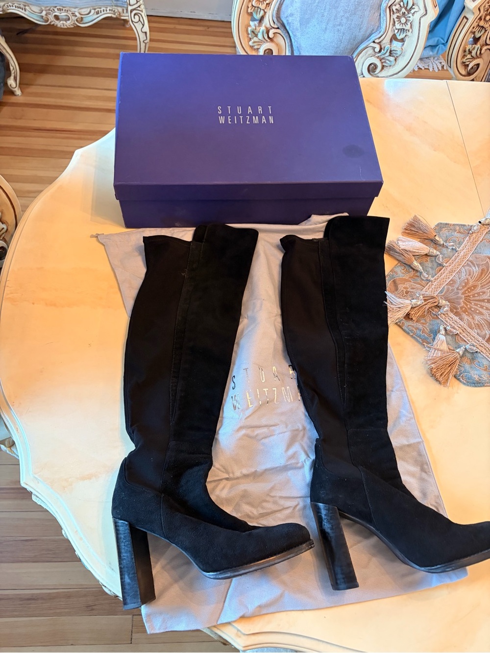 Stuart Weitzman Black Suede Knee-High Block Heel Boots Size 9